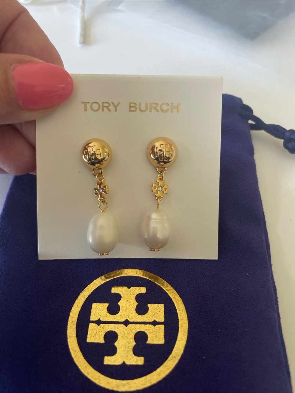 Tory Burch Gold and White Pearl Drop Earrings